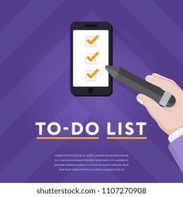 Creative and bright vector of person marking finished things in to-do list on smartphone using stylus on purple