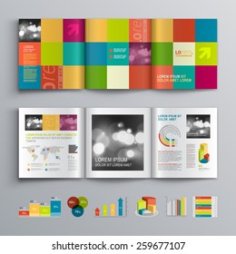 Creative brochure template design with color shapes. Cover layout and infographics