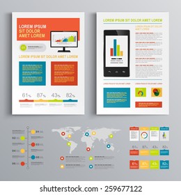 Creative brochure template design with color shapes. Cover layout and infographics