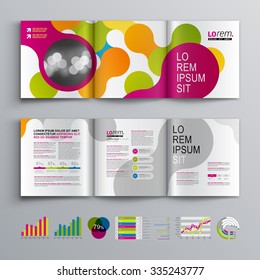 Creative brochure template design with colourful round elements. Cover layout and infographics