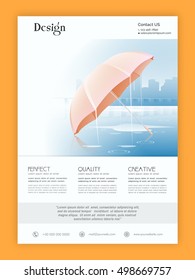 Diseño de folletos creativos, plantillas o volantes con ilustración de un paraguas en lluvias.
