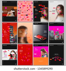 Creative brochure templates with colorful elements, rectangles, gradient backgrounds. Covers design templates for flyer, leaflet, brochure, report, presentation, advertising, magazine.