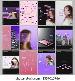 Creative brochure templates with colorful elements, rectangles, gradient backgrounds. Covers design templates for flyer, leaflet, brochure, report, presentation, advertising magazine.