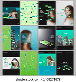 Creative brochure templates with colorful elements, rectangles, gradient backgrounds. Covers design templates for flyer, leaflet, brochure, report, presentation, advertising, magazine.