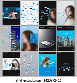 Creative brochure templates with colorful elements, rectangles, gradient backgrounds. Covers design templates for flyer, leaflet, brochure, report, presentation, advertising, magazine.