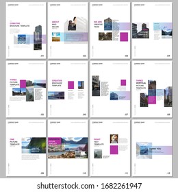 Plantillas de folletos creativos con elementos de tendencia geométrica de diseño de degradado colorido. Comprende plantillas de diseño para volante, folleto, folleto, informe, presentación, publicidad, revista.