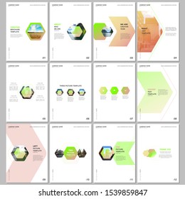 Creative brochure templates with colorful hexagonal design background, hexagon style pattern. Covers design templates for flyer, leaflet, brochure, report, presentation, advertising, magazine.