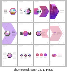 Creative brochure templates with colorful hexagonal design background, hexagon style pattern. Covers design templates for flyer, leaflet, brochure, report, presentation, advertising, magazine.
