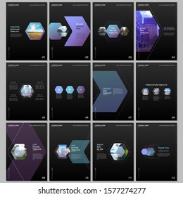Creative brochure templates with colorful hexagonal design background, hexagon style pattern. Covers design templates for flyer, leaflet, brochure, report, presentation, advertising, magazine.