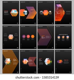 Creative brochure templates with colorful hexagonal design background, hexagon style pattern. Covers design templates for flyer, leaflet, brochure, report, presentation, advertising, magazine.