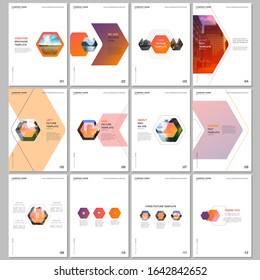 Creative brochure templates with colorful hexagonal design background, hexagon style pattern. Covers design templates for flyer, leaflet, brochure, report, presentation, advertising, magazine.