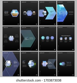 Creative brochure templates with colorful hexagonal design background, hexagon style pattern. Covers design templates for flyer, leaflet, brochure, report, presentation, advertising, magazine.