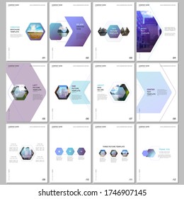 Creative brochure templates with colorful hexagonal design background, hexagon style pattern. Covers design templates for flyer, leaflet, brochure, report, presentation, advertising, magazine.