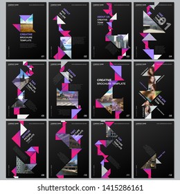 Creative brochure templates with colorful triangle origami paper elements on black background. Covers design templates for flyer, leaflet, brochure, report, presentation, advertising, magazine.