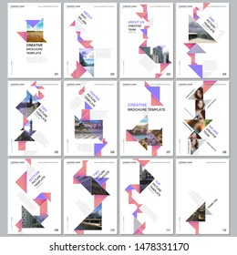 Creative brochure templates with colorful triangle origami paper elements on black background. Covers design templates for flyer, leaflet, brochure, report, presentation, advertising, magazine.