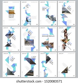 Creative brochure templates with colorful triangle origami paper elements on black background. Covers design templates for flyer, leaflet, brochure, report, presentation, advertising, magazine.