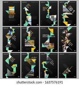 Creative brochure templates with colorful triangle origami paper elements on black background. Covers design templates for flyer, leaflet, brochure, report, presentation, advertising, magazine.