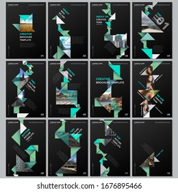 Plantillas de folletos creativos con elementos de papel de color de origami triangular sobre fondo negro. Comprende plantillas de diseño para volante, folleto, folleto, informe, presentación, publicidad, revista.
