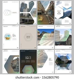 Creative brochure templates with hexagonal design green color pattern background. Covers design templates for flyer, leaflet, brochure, report, presentation, advertising, magazine.