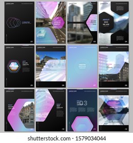 Creative brochure templates with hexagonal design purple color pattern background. Covers design templates for flyer, leaflet, brochure, report, presentation, advertising, magazine.