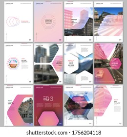 Creative brochure templates with hexagonal design pink color pattern background. Covers design templates for flyer, leaflet, brochure, report, presentation, advertising, magazine.