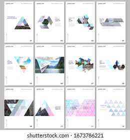 Creative brochure templates with triangular design background, triangle style pattern. Covers design templates for flyer, leaflet, brochure, report, presentation, advertising, magazine.
