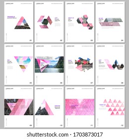 Creative brochure templates with triangular design background, triangle style pattern. Covers design templates for flyer, leaflet, brochure, report, presentation, advertising, magazine.