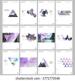 Creative brochure templates with triangular design background, triangle style pattern. Covers design templates for flyer, leaflet, brochure, report, presentation, advertising, magazine.