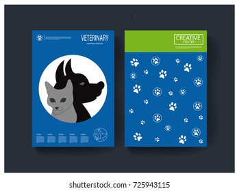 Creative brochure for the veterinary clinic. Dog and cat for the title page. Paw foot and contact information