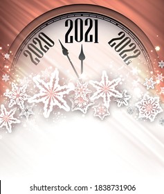 Creative bronze clock showing 2021 year. Big beautiful snowflakes. Bronze background. Vector holiday illustration.