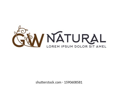 Creative brown floral wedding initial GW icon design with horizontal text. Vector logo template