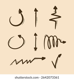 Creative brown sketch arrows with loops, spirals, curves, and direction styles