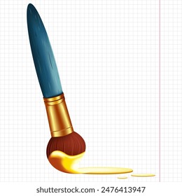 Creative brush with gold paint on a background of checkered paper. A tool for drawing and painting. Brush stroke with gold paint. Cartoon, vector, closeup. Concept for kids, school work. 