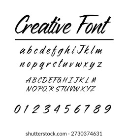 Fuente de script de pincel creativo con alfabeto y números Vector