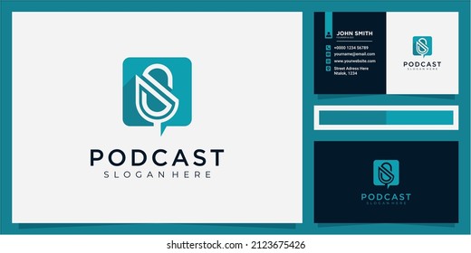 logotipo de podcast de chat de burbuja creativa, vector de logotipo de podcast de carta S con tarjeta de visita