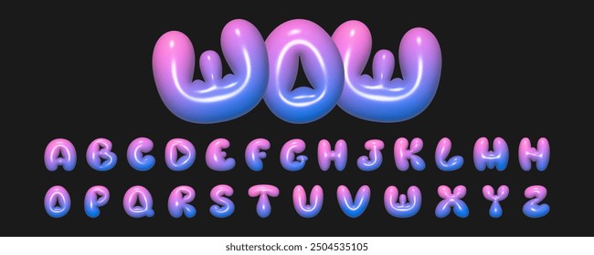 Letras creativas de burbujas del alfabeto inglés. Ilustración de letras tridimensionales con un gradiente de rosa a azul, textura de plástico reflectante brillante, efecto de letra inflada.