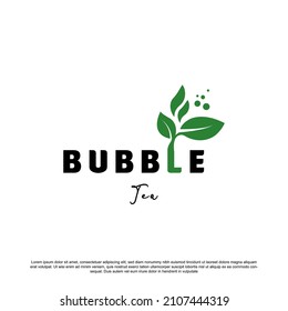 Creative bubble tea lettering logo design. Bubble tea with leaves and bubble for your brand or business