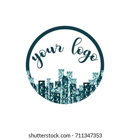 Creative Building Concept Logo Design Template. Skyline background.