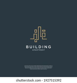 Creative building logo design real estate, architecture, construction with line art style