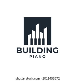 Creative building piano logo silhouette. Logo can be used for icon, brand, identity, symbol, architecture, real estate, construction, sound, audio, music, and concert