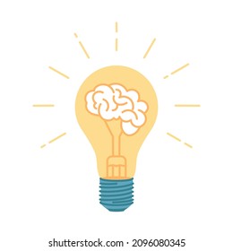 Creative Bulb with Brain Logo Design Template. Knowledge is light theme, flat style, colorful, vector icon for info graphics, websites, mobile and print media.