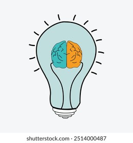 Creative Bulb with Brain Logo Design Template. light bulb Brain icon on a white background. ideas symbol illustration, light bulb isolated outline line art doodle icon. brain symbol. vector bulb t-shi