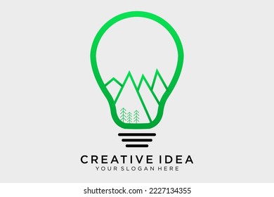 lámpara de bombilla creativa combinada con la montaña. diseño de logotipo y tarjeta de visita