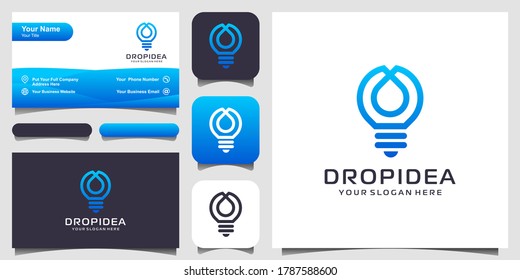 creative bulb lamp and drop or water logo and business card design. Idea creative light bulb and oil logo.