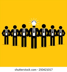 creative bulb lamp head of businessman teamwork on yellow background : leadership concept vector