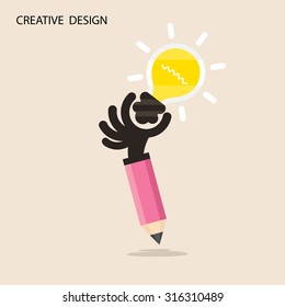 Creative bulb light idea and pencil hand icon,flat design.Concept of ideas inspiration, innovation, invention, effective thinking. Business ,knowledge and education concept.Vector illustration