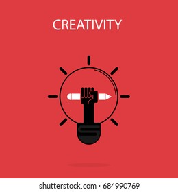 Creative bulb light idea and pencil hand icon,flat design.Concept of ideas inspiration, innovation, invention, effective thinking. Business ,knowledge and education concept.Vector illustration