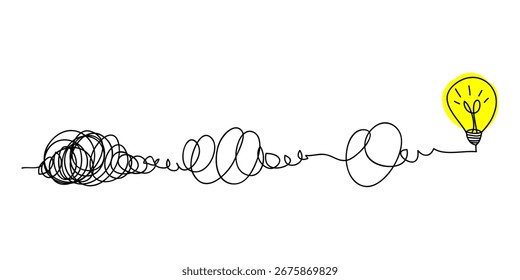 Kreative Glühbirne im Doodle-Stil. das Konzept des Übergangs von kompliziert zu einfach mit gelben Lampe. Symbol für Idee, Innovation, Kreativität. Vektorgrafiken