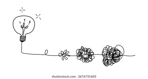 Lâmpada criativa no estilo doodle. o conceito de transição de complicado para simples com lâmpada de lâmpada amarela. Símbolo de ideia, inovação, criatividade. ilustrações vetoriais