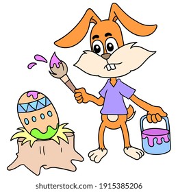 creative bunny decorating eggs to celebrate easter, doodle draw kawaii. vector illustration art
